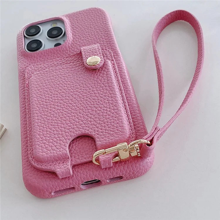 Étui pour iPhone 16 Pro Max multifonctionnel avec emplacements pour cartes, coque arrière en cuir avec dragonne - Rose