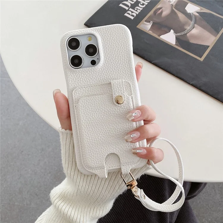 Étui pour iPhone 16 Pro multifonctionnel avec fentes pour cartes, coque en cuir avec dragonne - Blanc