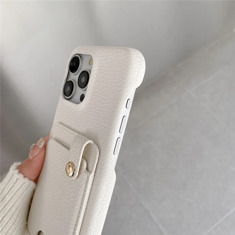 Étui pour iPhone 16 Pro multifonctionnel avec fentes pour cartes, coque en cuir avec dragonne - Blanc