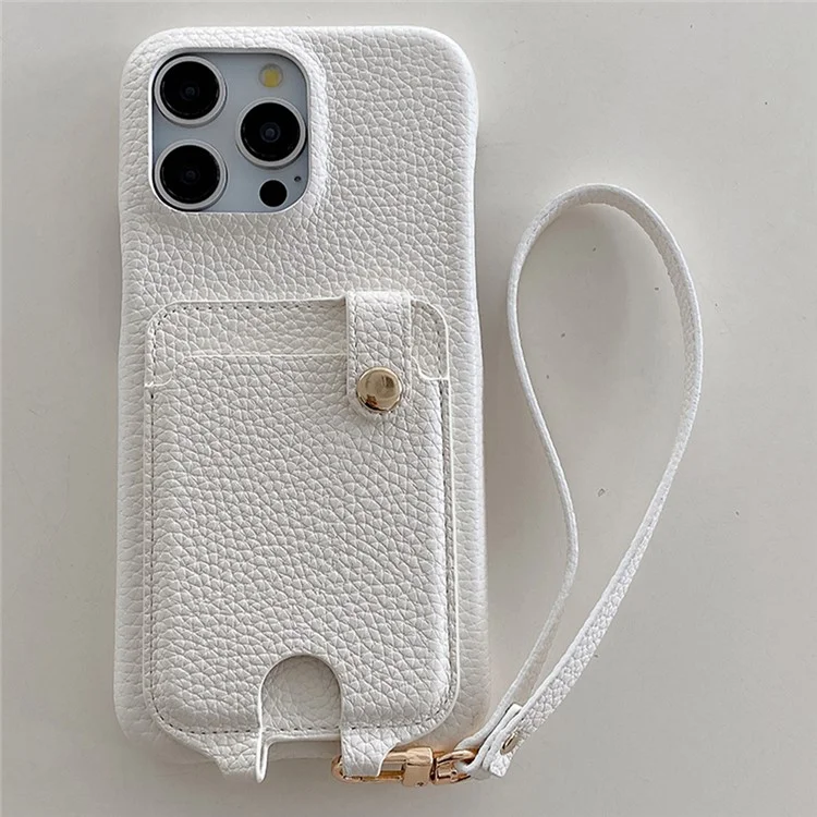 Étui pour iPhone 16 Pro multifonctionnel avec fentes pour cartes, coque en cuir avec dragonne - Blanc