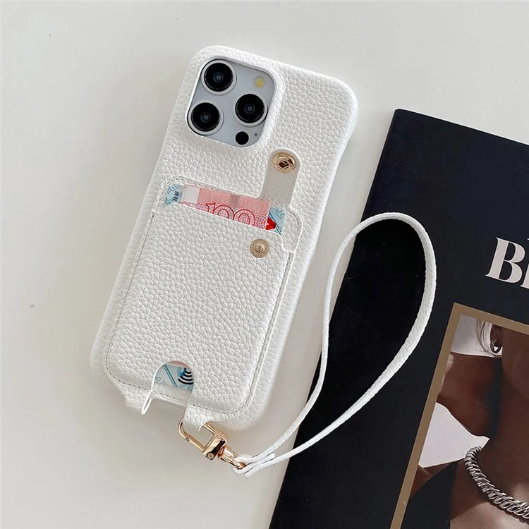 Étui pour iPhone 16 Pro multifonctionnel avec fentes pour cartes, coque en cuir avec dragonne - Blanc