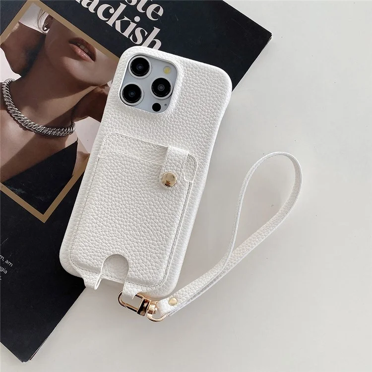 Étui pour iPhone 16 Pro multifonctionnel avec fentes pour cartes, coque en cuir avec dragonne - Blanc