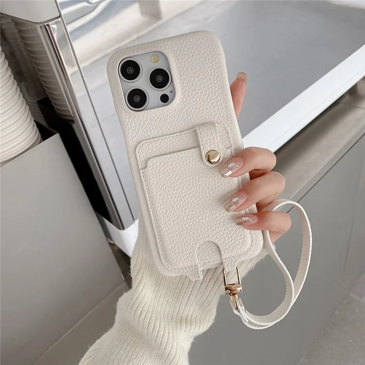 Étui pour iPhone 16 Pro multifonctionnel avec fentes pour cartes, coque en cuir avec dragonne - Blanc