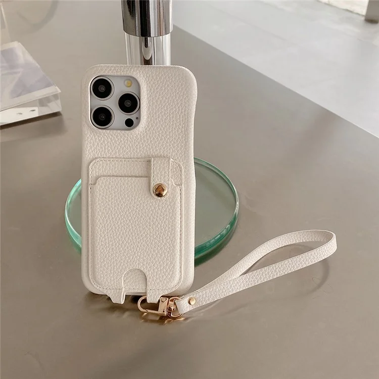 Étui pour iPhone 16 Pro multifonctionnel avec fentes pour cartes, coque en cuir avec dragonne - Blanc