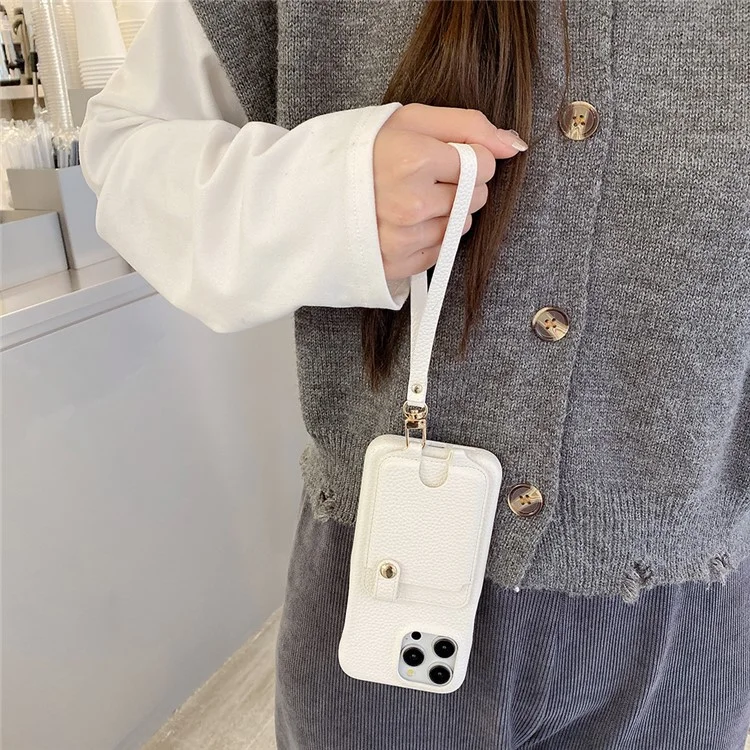Étui pour iPhone 16 Pro multifonctionnel avec fentes pour cartes, coque en cuir avec dragonne - Blanc
