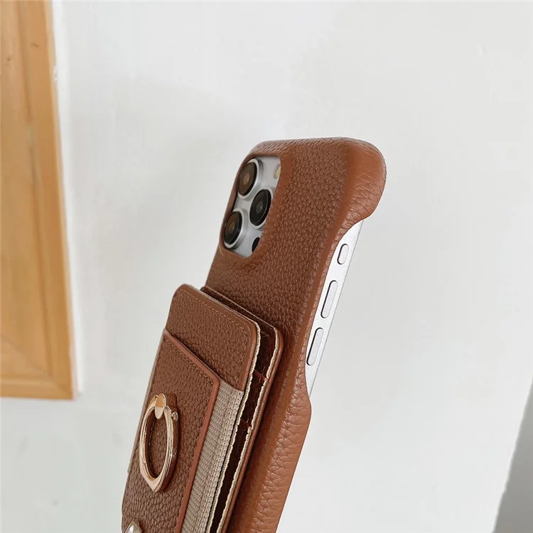 Чехол для iPhone 16 Pro Max с отделениями для карт, подставкой, задней крышкой из искусственной кожи с кольцом-держателем и ремешком на запястье - темно-коричневый