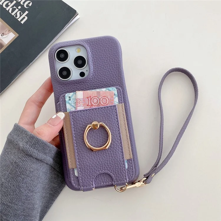 Чехол для iPhone 16 Pro с отсеками для карт, подставкой, задней крышкой из искусственной кожи с кольцевым держателем и ремешком на запястье - фиолетовый
