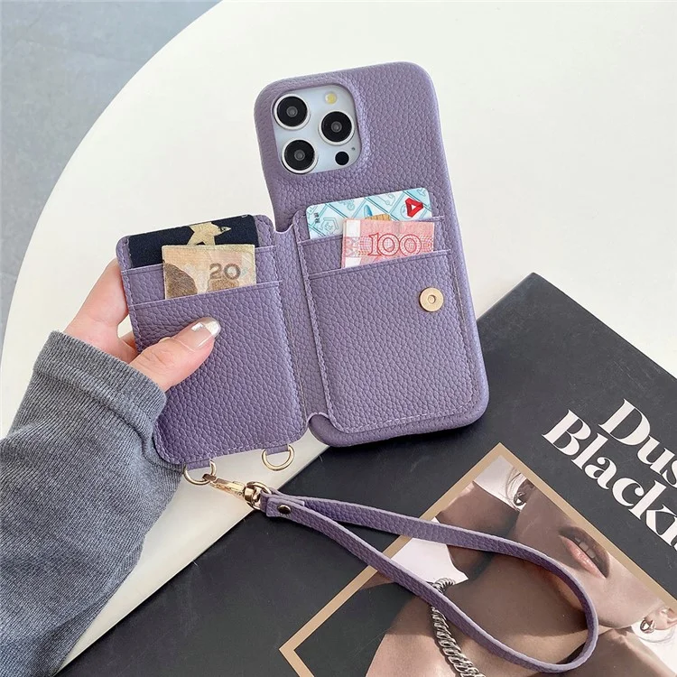 Чехол для iPhone 16 Pro с отсеками для карт, подставкой, задней крышкой из искусственной кожи с кольцевым держателем и ремешком на запястье - фиолетовый