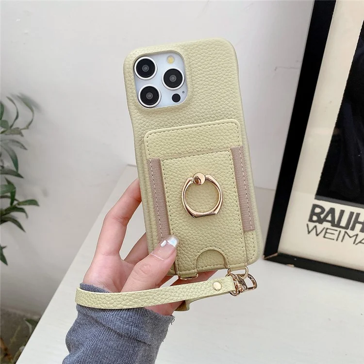 Funda para iPhone 15 Pro Max con ranuras para tarjetas, soporte, cubierta trasera de piel sintética con anillo y correa de muñeca - Verde