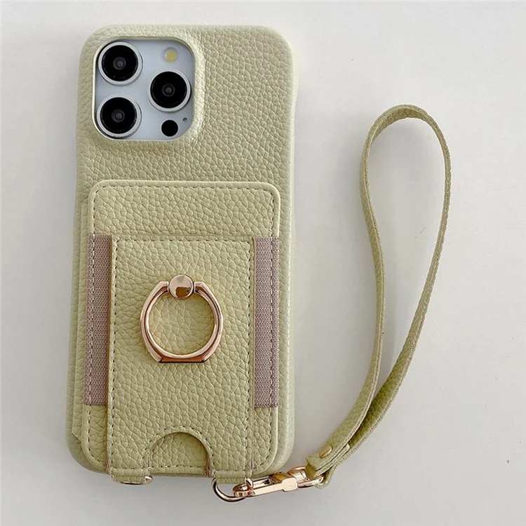 Funda para iPhone 15 Pro Max con ranuras para tarjetas, soporte, cubierta trasera de piel sintética con anillo y correa de muñeca - Verde