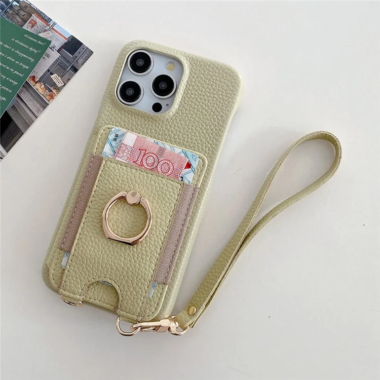 Funda para iPhone 15 Pro Max con ranuras para tarjetas, soporte, cubierta trasera de piel sintética con anillo y correa de muñeca - Verde