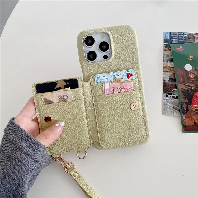 Funda para iPhone 15 Pro Max con ranuras para tarjetas, soporte, cubierta trasera de piel sintética con anillo y correa de muñeca - Verde