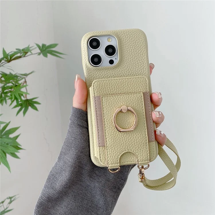 Funda para iPhone 15 Pro Max con ranuras para tarjetas, soporte, cubierta trasera de piel sintética con anillo y correa de muñeca - Verde
