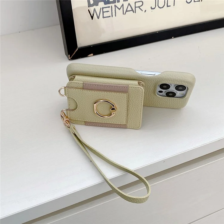 Funda para iPhone 15 Pro Max con ranuras para tarjetas, soporte, cubierta trasera de piel sintética con anillo y correa de muñeca - Verde