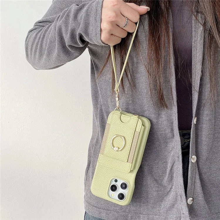 Funda para iPhone 15 Pro Max con ranuras para tarjetas, soporte, cubierta trasera de piel sintética con anillo y correa de muñeca - Verde