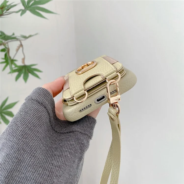 Funda para iPhone 15 Pro Max con ranuras para tarjetas, soporte, cubierta trasera de piel sintética con anillo y correa de muñeca - Verde