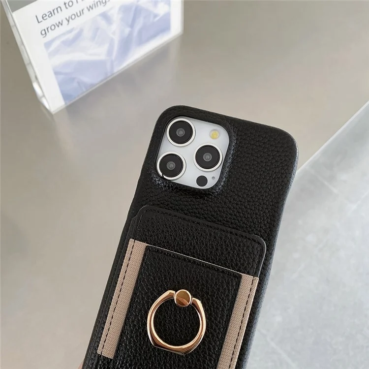 Чехол для iPhone 15 Pro с отсеками для карт, подставкой, задней панелью из искусственной кожи с держателем-кольцом и ремешком на запястье - черный