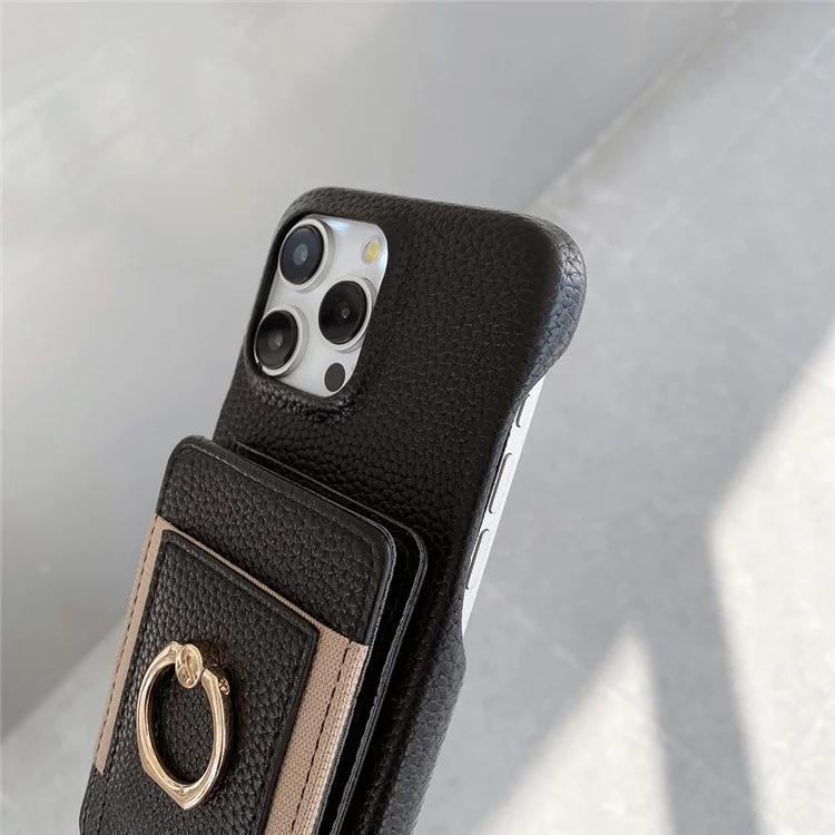 Чехол для iPhone 15 Pro с отсеками для карт, подставкой, задней панелью из искусственной кожи с держателем-кольцом и ремешком на запястье - черный