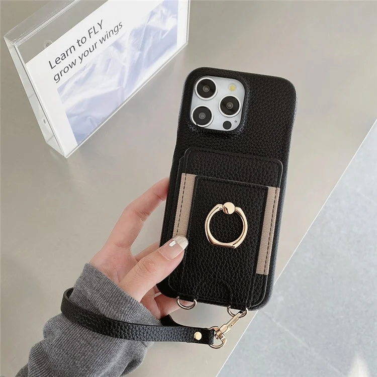 Чехол для iPhone 15 Pro с отсеками для карт, подставкой, задней панелью из искусственной кожи с держателем-кольцом и ремешком на запястье - черный