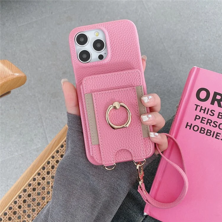 Capa para iPhone 14 Pro Max com slots para cartão, suporte dobrável, cobertura traseira de couro PU com suporte para anel, alça de pulso - Rosa