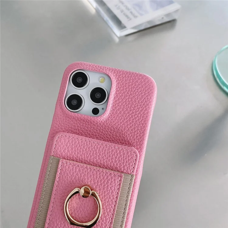 Capa para iPhone 14 Pro Max com slots para cartão, suporte dobrável, cobertura traseira de couro PU com suporte para anel, alça de pulso - Rosa