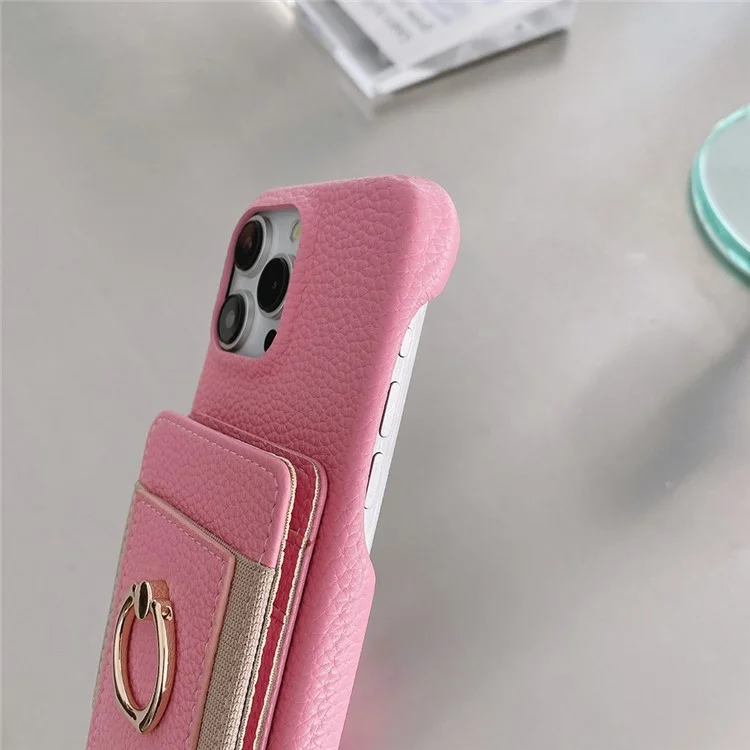 Capa para iPhone 14 Pro Max com slots para cartão, suporte dobrável, cobertura traseira de couro PU com suporte para anel, alça de pulso - Rosa
