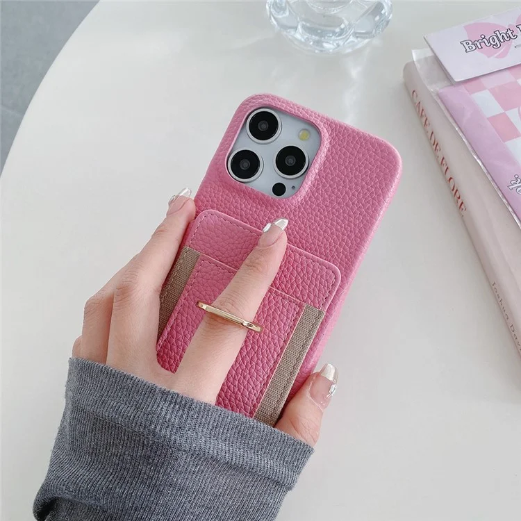 Capa para iPhone 14 Pro Max com slots para cartão, suporte dobrável, cobertura traseira de couro PU com suporte para anel, alça de pulso - Rosa