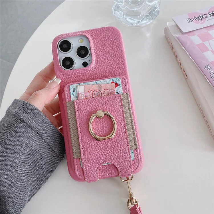 Capa para iPhone 14 Pro Max com slots para cartão, suporte dobrável, cobertura traseira de couro PU com suporte para anel, alça de pulso - Rosa