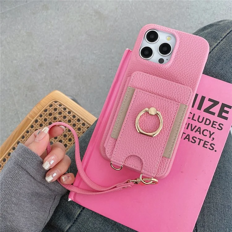 Capa para iPhone 14 Pro Max com slots para cartão, suporte dobrável, cobertura traseira de couro PU com suporte para anel, alça de pulso - Rosa