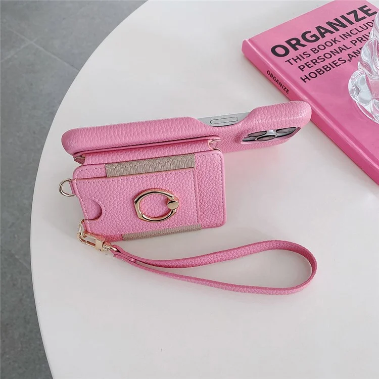 Capa para iPhone 14 Pro Max com slots para cartão, suporte dobrável, cobertura traseira de couro PU com suporte para anel, alça de pulso - Rosa