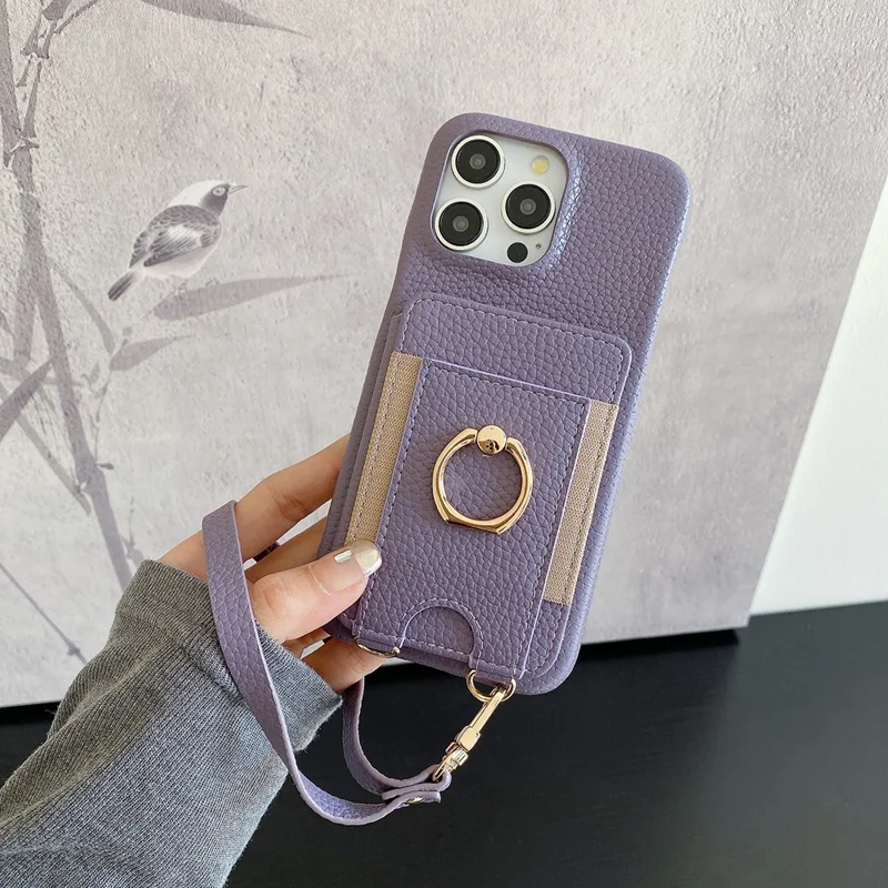 For iPhone 14 Pro Max Case Card Slots Kickstand PU Leather Back Cover with Ring Holder, Wrist Strap - Purple