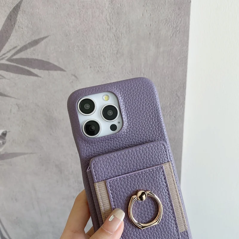 For iPhone 14 Pro Max Case Card Slots Kickstand PU Leather Back Cover with Ring Holder, Wrist Strap - Purple
