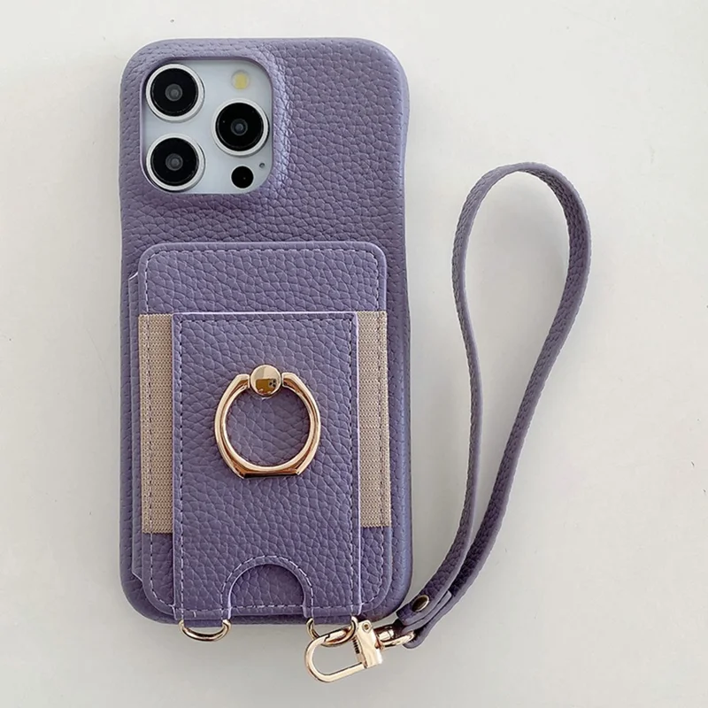 For iPhone 14 Pro Max Case Card Slots Kickstand PU Leather Back Cover with Ring Holder, Wrist Strap - Purple