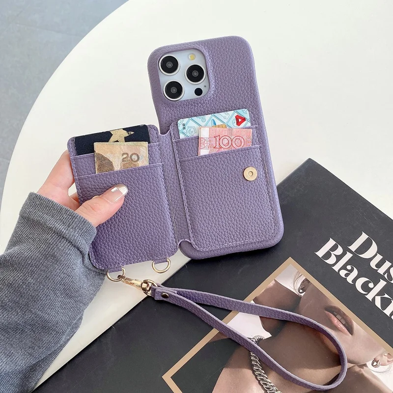 For iPhone 14 Pro Max Case Card Slots Kickstand PU Leather Back Cover with Ring Holder, Wrist Strap - Purple