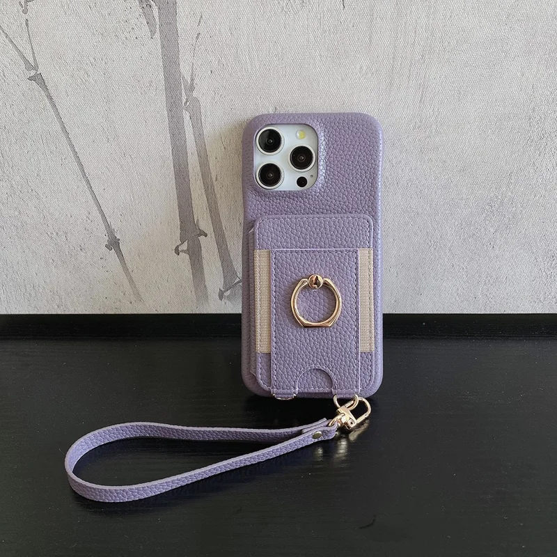 For iPhone 14 Pro Max Case Card Slots Kickstand PU Leather Back Cover with Ring Holder, Wrist Strap - Purple