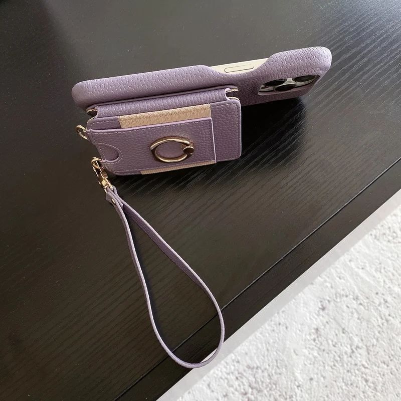 For iPhone 14 Pro Max Case Card Slots Kickstand PU Leather Back Cover with Ring Holder, Wrist Strap - Purple