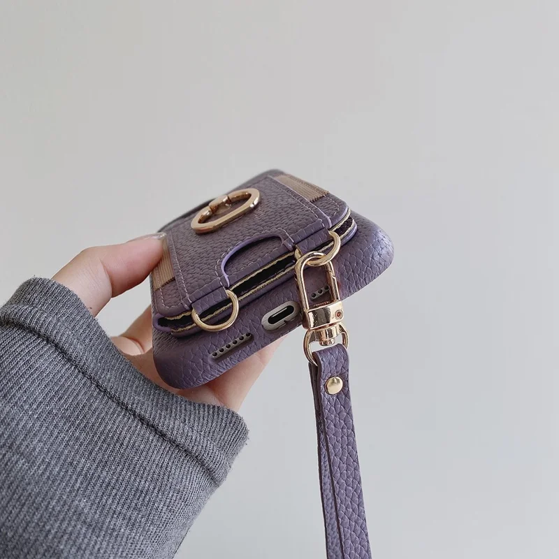 For iPhone 14 Pro Max Case Card Slots Kickstand PU Leather Back Cover with Ring Holder, Wrist Strap - Purple