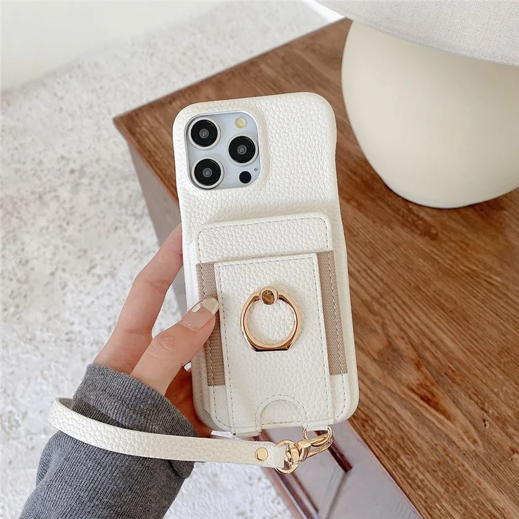 For iPhone 14 Pro Case Card Slots Kickstand PU Leather Back Cover with Ring Holder, Wrist Strap - White