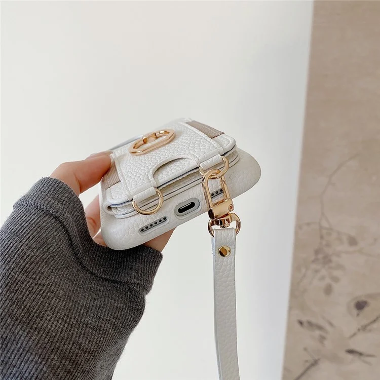 For iPhone 14 Pro Case Card Slots Kickstand PU Leather Back Cover with Ring Holder, Wrist Strap - White