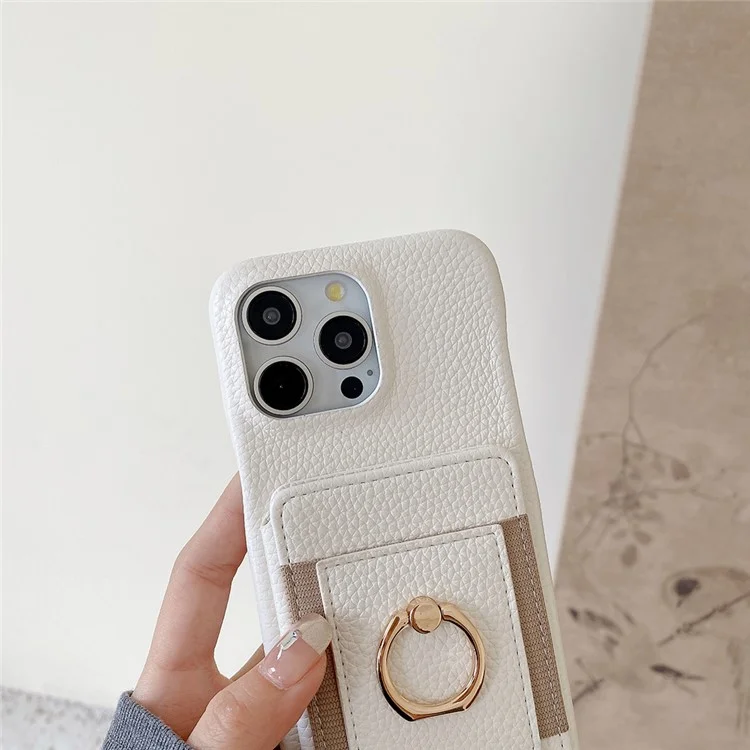 For iPhone 14 Pro Case Card Slots Kickstand PU Leather Back Cover with Ring Holder, Wrist Strap - White