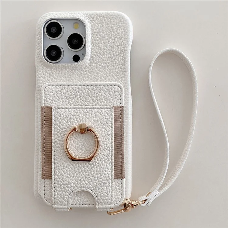 For iPhone 14 Pro Case Card Slots Kickstand PU Leather Back Cover with Ring Holder, Wrist Strap - White