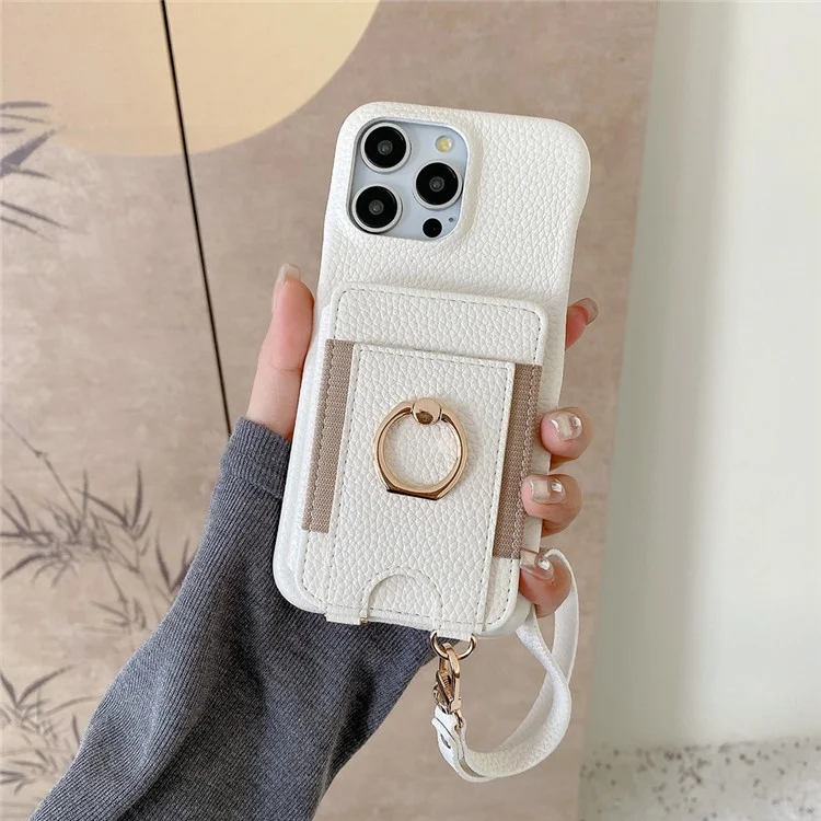 For iPhone 14 Pro Case Card Slots Kickstand PU Leather Back Cover with Ring Holder, Wrist Strap - White