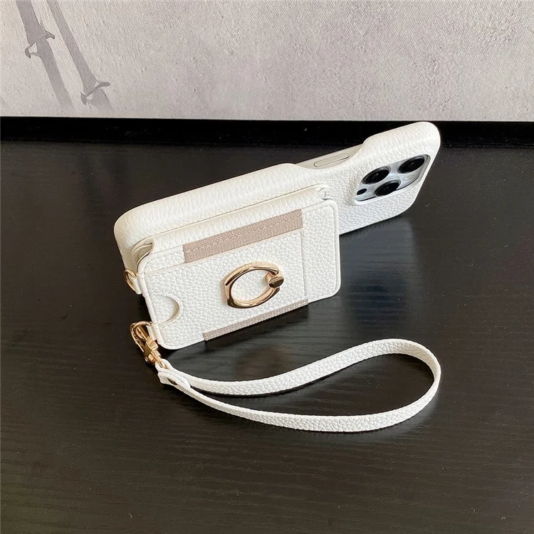For iPhone 14 Pro Case Card Slots Kickstand PU Leather Back Cover with Ring Holder, Wrist Strap - White