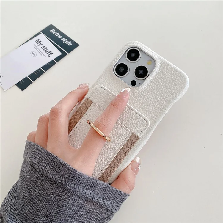For iPhone 14 Pro Case Card Slots Kickstand PU Leather Back Cover with Ring Holder, Wrist Strap - White