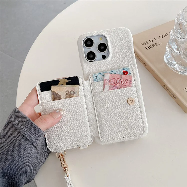 For iPhone 14 Pro Case Card Slots Kickstand PU Leather Back Cover with Ring Holder, Wrist Strap - White
