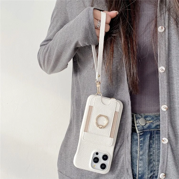 For iPhone 14 Pro Case Card Slots Kickstand PU Leather Back Cover with Ring Holder, Wrist Strap - White