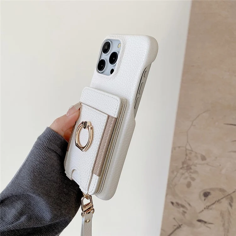 For iPhone 14 Pro Case Card Slots Kickstand PU Leather Back Cover with Ring Holder, Wrist Strap - White