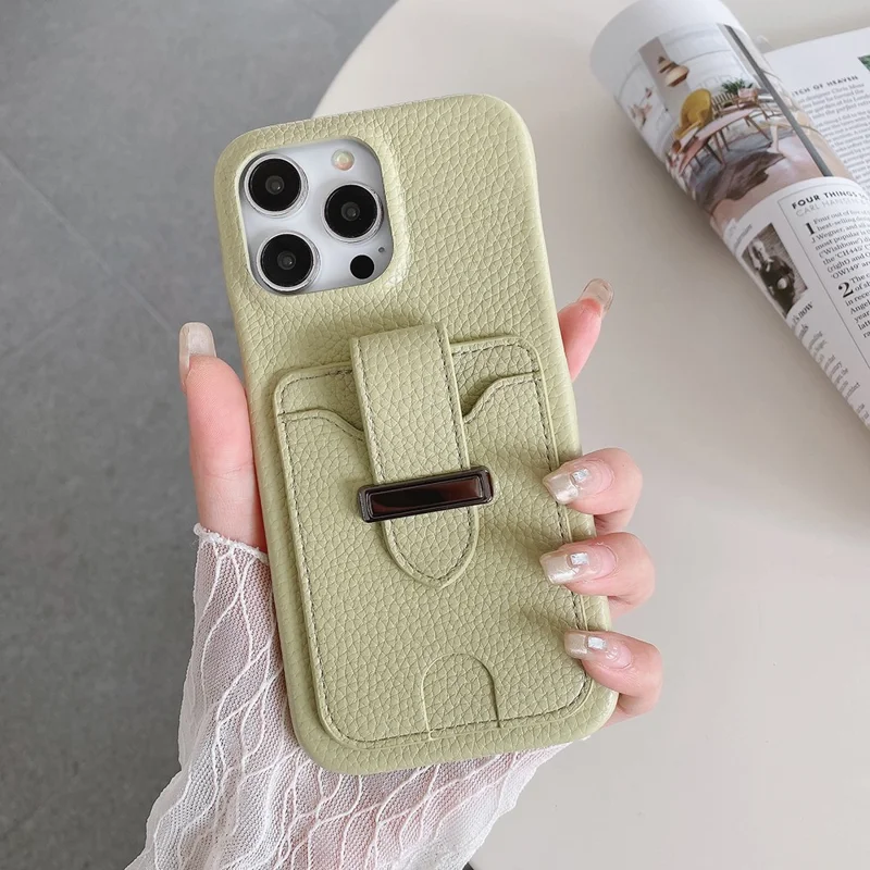 For iPhone 14 Pro Max Case with Card Slots Litchi Texture Leather + PET Phone Cover - Green