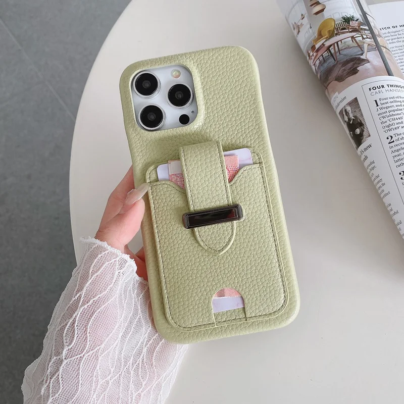 For iPhone 14 Pro Max Case with Card Slots Litchi Texture Leather + PET Phone Cover - Green