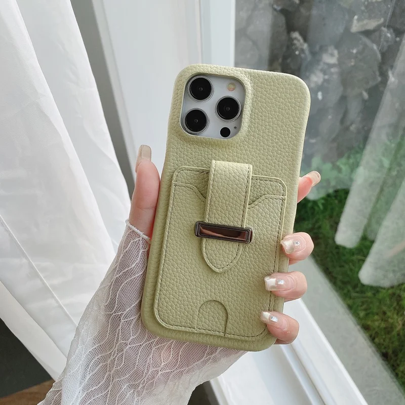 For iPhone 14 Pro Max Case with Card Slots Litchi Texture Leather + PET Phone Cover - Green